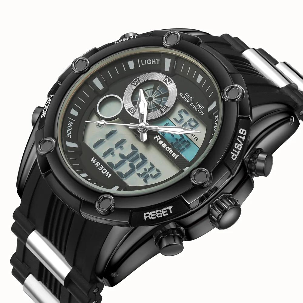 Мужские деловые кварцевые часы Readeel цифровые наручные с резиновым ремешком в