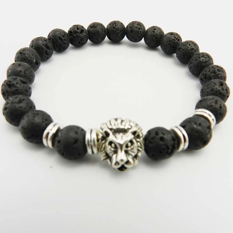 

New Design 8mm Matte Natural Stone Beads Gold, Silver and Rose Lion Head Mens Bracelets
