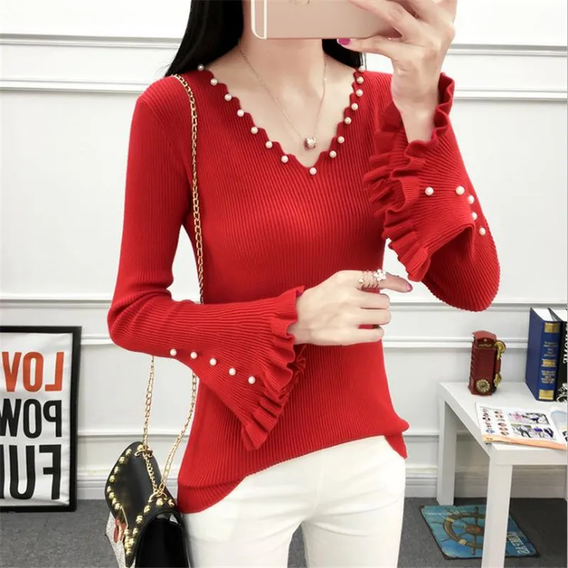 Pearls Beading Knitted Sweaters 2018 New Autumn Winter Women Slim V-Neck Flare Sleeve Cute Pullovers Female Tops 8 Colors D415 | Женская