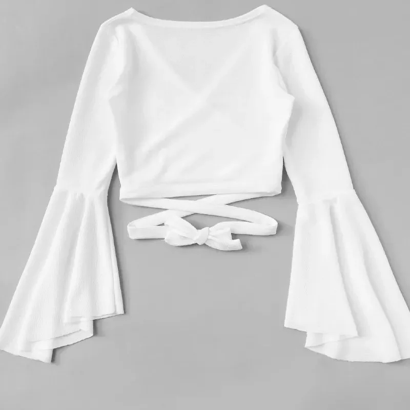 white Уличная Футболка Топ с длинным рукавом Женские рубашки бандажная сорочка Femme Manche Longue одноцветная сексуальная с v-образным вырезом Camiseta Mujer Verano - Цвет: white
