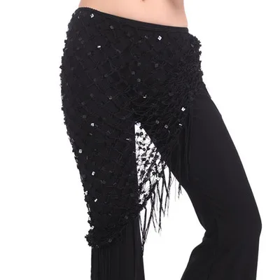 Black black sequins 12 цветов, одежда для занятий танцами живота, аксессуары, тянущаяся Длинная кисточка, треугольный пояс, ручная вязка, танец живота, набедренный шарф с блестками - Цвет: Black black sequins