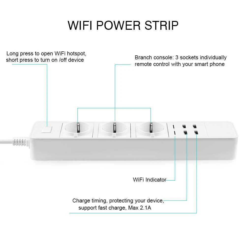 Электрическая розетка с удлинителем умная Wi Fi 3 переменного тока 4USB европейская