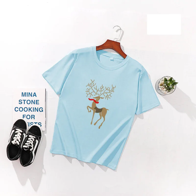 Футболка женская с принтом оленя хлопковый топ коротким рукавом и круглым