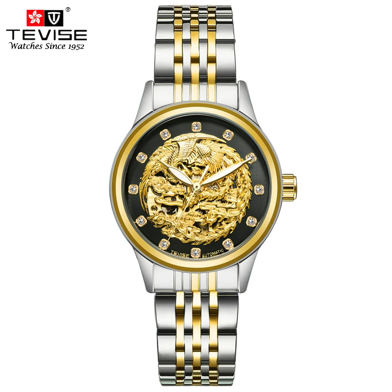 Автоматические механические часы TEVISE женские роскошные золотые с ремешком из