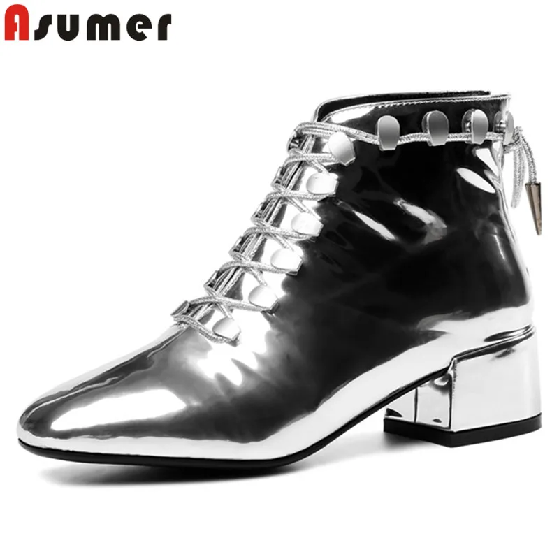 

ASUMER/Большие размеры 34-43, новые ботильоны для женщин, ботинки из натуральной кожи на шнурках с квадратным носком осенне-зимние ботинки на выс...