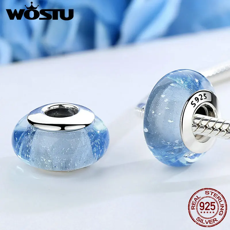 WOSTU подлинные 925 пробы серебряные бусины Золушки синего цвета из муранского стекла подходят к оригинальному WST браслет S925 ювелирные изделия