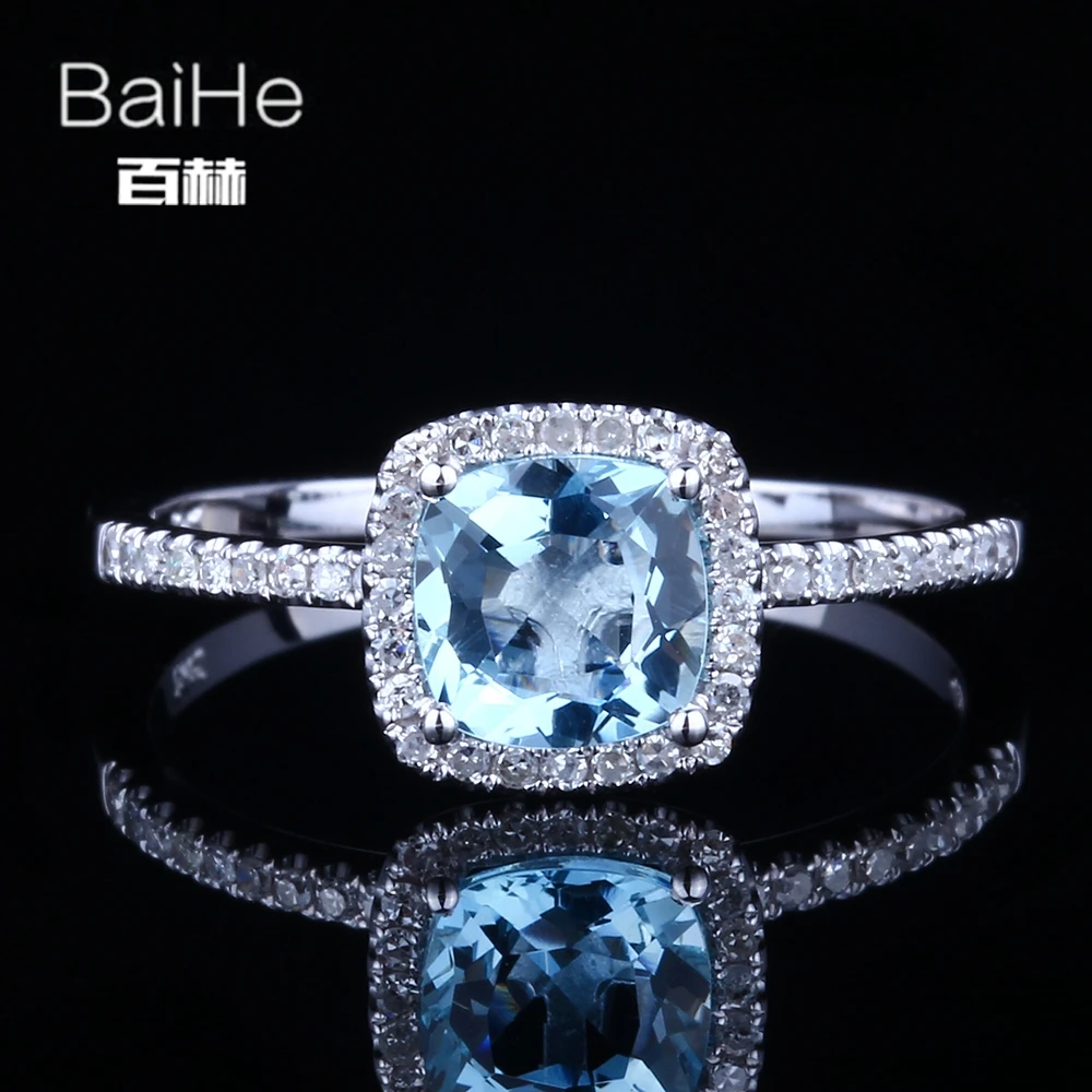 

BAIHE однотонное 14 к белое золото 0,9 карат безупречная Подушка Аквамарин свадебный подарок помолвка для женщин модное изысканное кольцо Аквам...