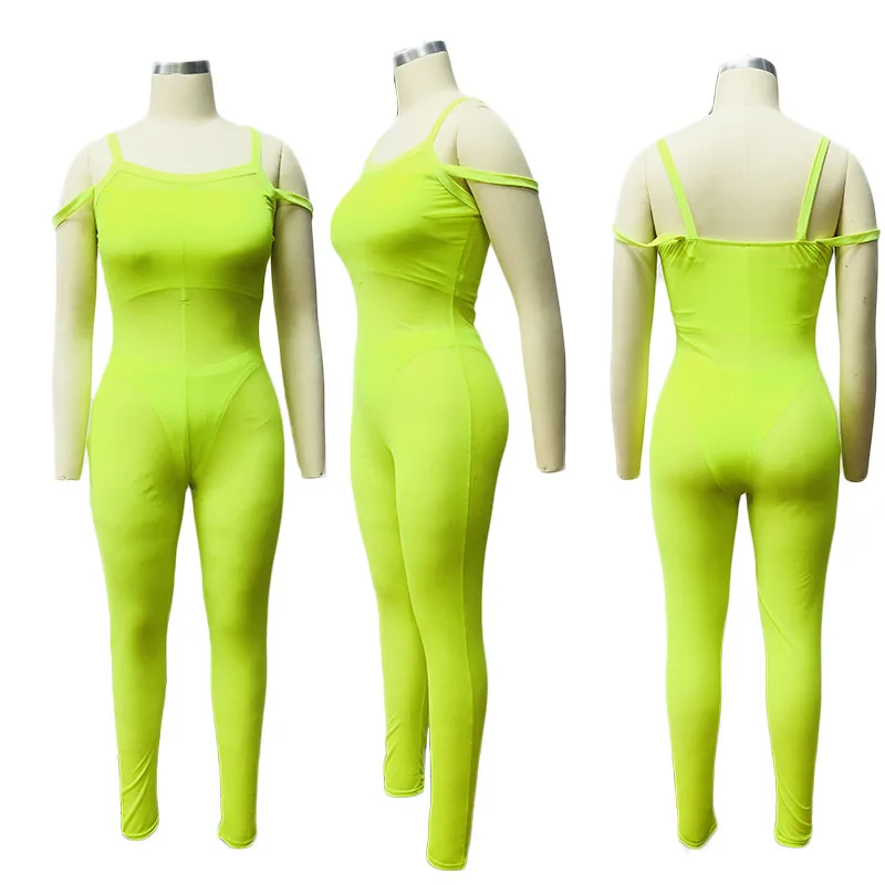

Sexy Mesh Solid See Through Strap Strapless High Elastic Three Piece Skinny Women Jumpsuits Wrap Bodysuit Female Playsuits