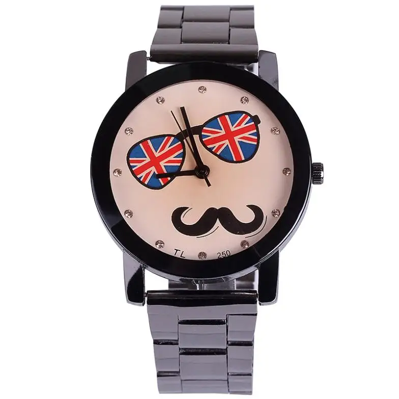 Lovers watch for young man women with uk flag glass beard design crystal diamonds quartz stainless steel wholesale dropship | Наручные