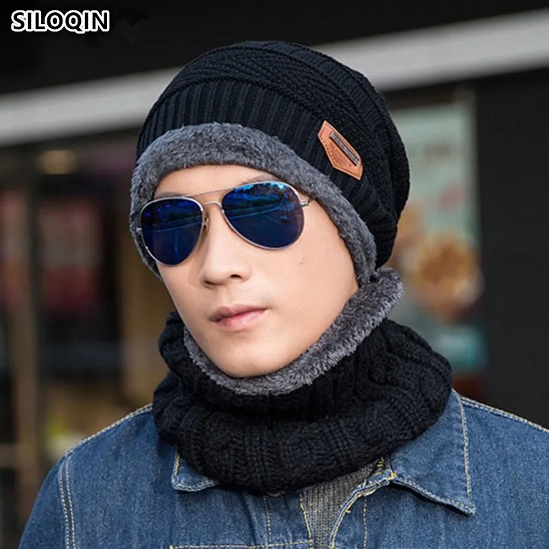

SILOQIN Men New Plus Velvet Thicken Knitted Woolen Collar Beanies Hat Lady's Winter Trend Keep Warmtourism Leisure Hat Casquette