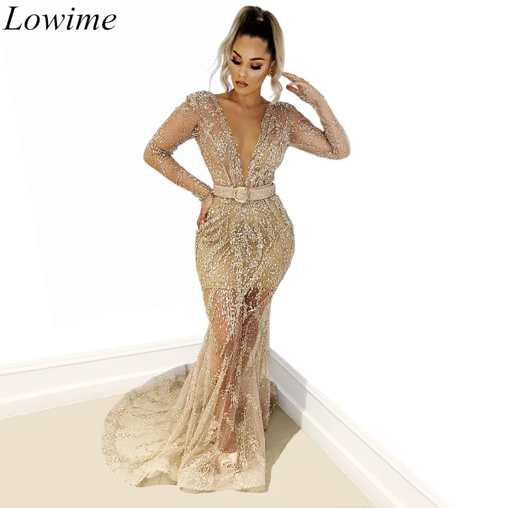 

New Fashion Sparkly Arabic Evening Dresses 2019 Long Mermaid Illusion Deep V-Neck Sexy Evening Prom Party Gowns With Sashes
