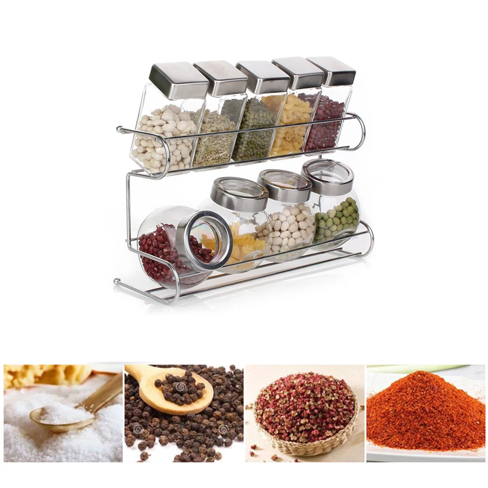 Kitchen Glass Seasoning Bottle Set Cruet Condiment Spice Jar Salt and Pepper Shakers with Shelf kitchen accessories 10pcs/Set #3 | Дом и сад