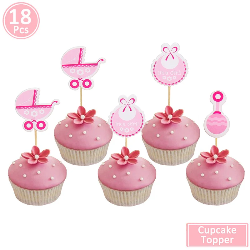 18pcs pink 20 шт бумажная формочка топперы детские украшения для душа его девушка мальчик вечерние Дети Единорог предметы декора для дня рождения Babyshower игры - Цвет: 18pcs pink