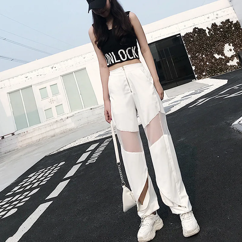 Mesh Loose Stitching Pants White Loose Harajuku BF Cargo Pants Summer Hollow Out women high waist pants joggers baggy trousers