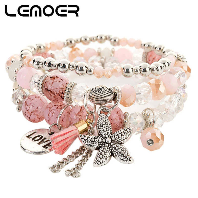 pink LEMOER, богемский Морской стиль, Seastar, бусины, кристалл, браслеты и браслеты для женщин, многослойный, любовь, кисточка, очаровательный браслет, ювелирное изделие, подарок - Окраска металла: pink