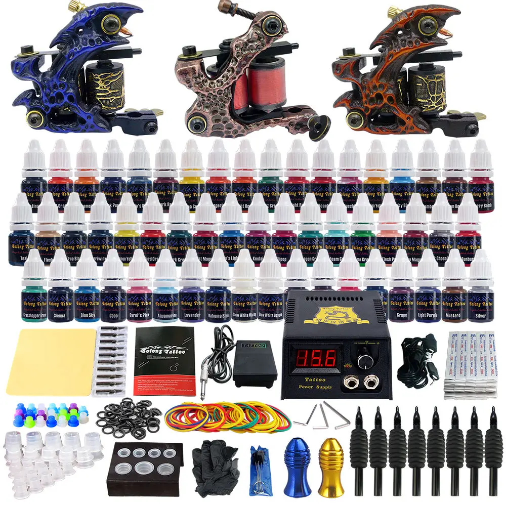 

Professional Tattoo Kits Top Artist Complete Set 3 Tattoo Machine Gun Lining And Shading Tattoo Inks Power Needles Tattoo Supply