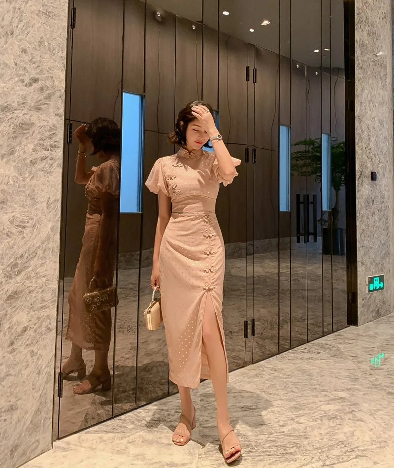 Летние винтажные платья Cheongsam, офисный Женский Бандаж, Сплит, Сексуальные вечерние платья, стоячий воротник, короткие пышные рукава, высококачественное женское платье