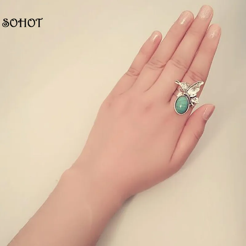 SOHOT модное винтажное натуральное кольцо с камнями Античная Серебряная бабочка