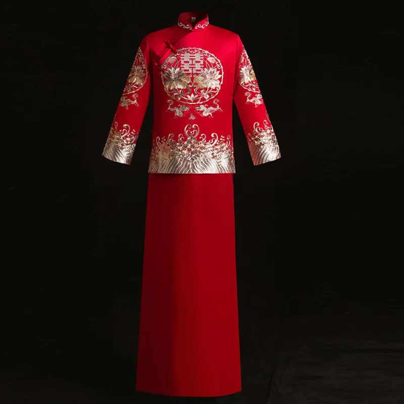 

Китайский стиль Свадебные Мужские костюмы тост платье красная вышивка жениха вечернее длинное платье кимоно Жених куртка Тан костюм одежд...