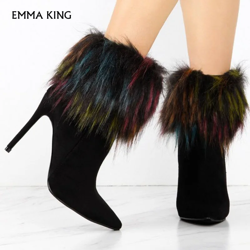 Emma king/черные/красные модные ботинки на меху замшевые ботильоны шпильке с острым