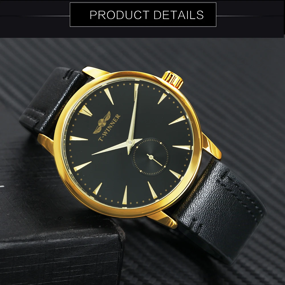 WINNER Royal Business Mechanical Watch Men Leather Strap Golden Dial Top Brand Luxury Fashion Wristwatches for Man Lover Gift Наручные