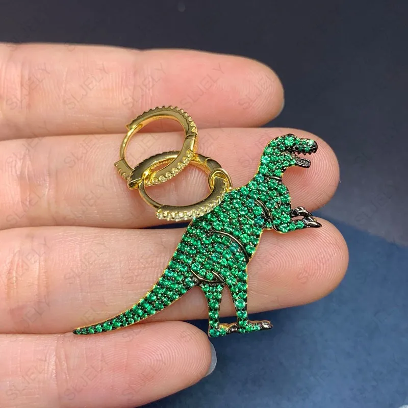 Big Green Dino SLJELY, настоящее 925 пробы, серебряные, асимметричные, большие, розовые, зеленые, ретро серьги, 5А, кубический цирконий, камни, динозавр, для женщин, хорошее ювелирное изделие - Окраска металла: Big Green Dino