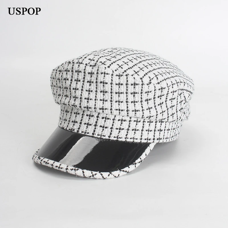 USPOP новинка 2019 модные кепки в клетку из лакированной кожи лоскутные с козырьком