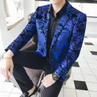 Синий бархатный пиджак Для мужчин роскошный цветочный Пейсли узор маскарадный пиджак Для мужчин 2019 размера плюс Костюмный пиджак