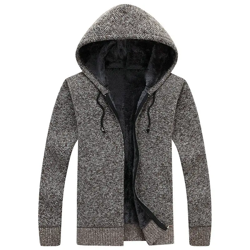 Autumn Winter Thick Warm Knitted Sweater Men Hooded Casual Solid Cardigan Men Fashion Mens Sweatercoat - Цвет: coffee