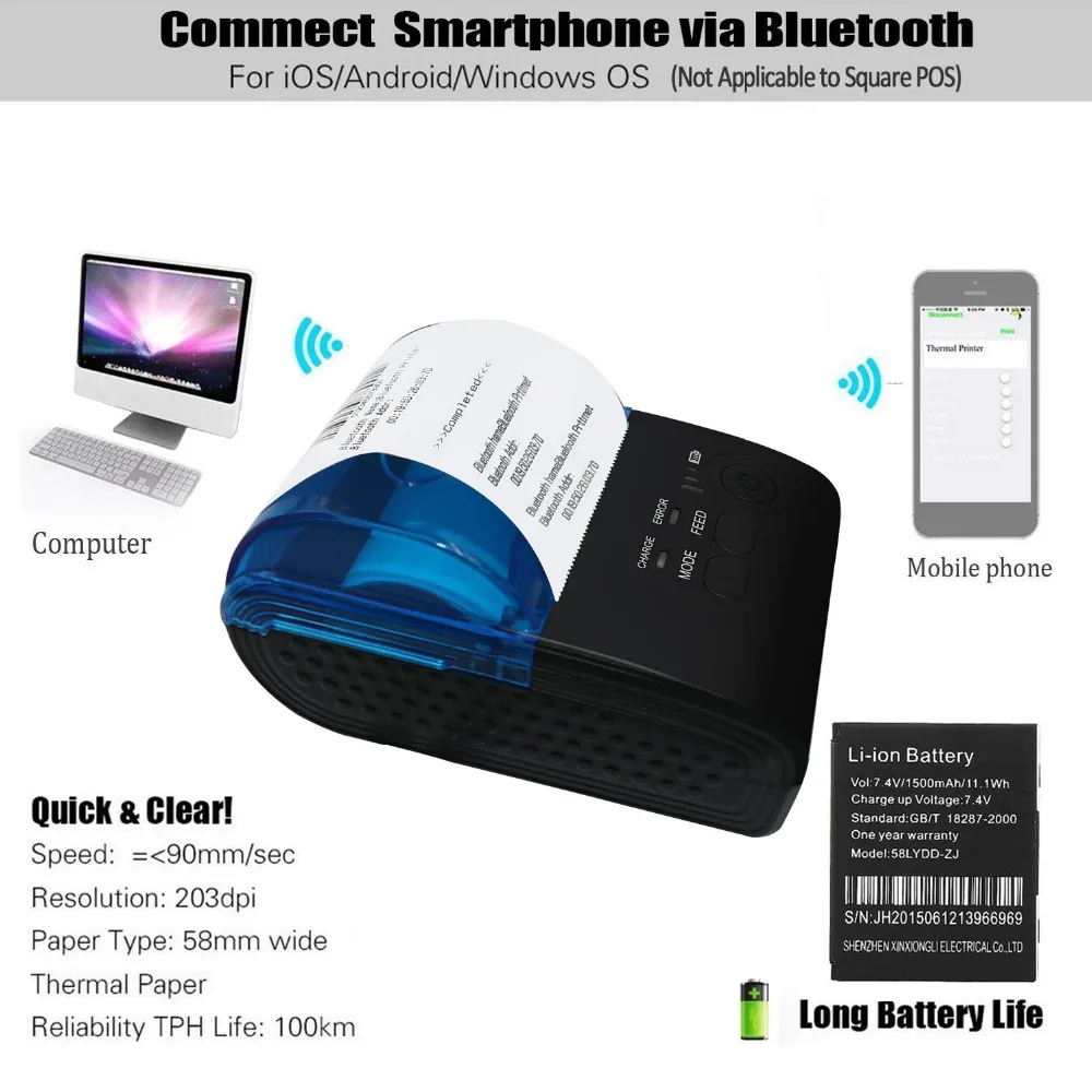 58 мм Термопринтер Bluetooth Android термопринтер POS чековый принтер для супермаркета