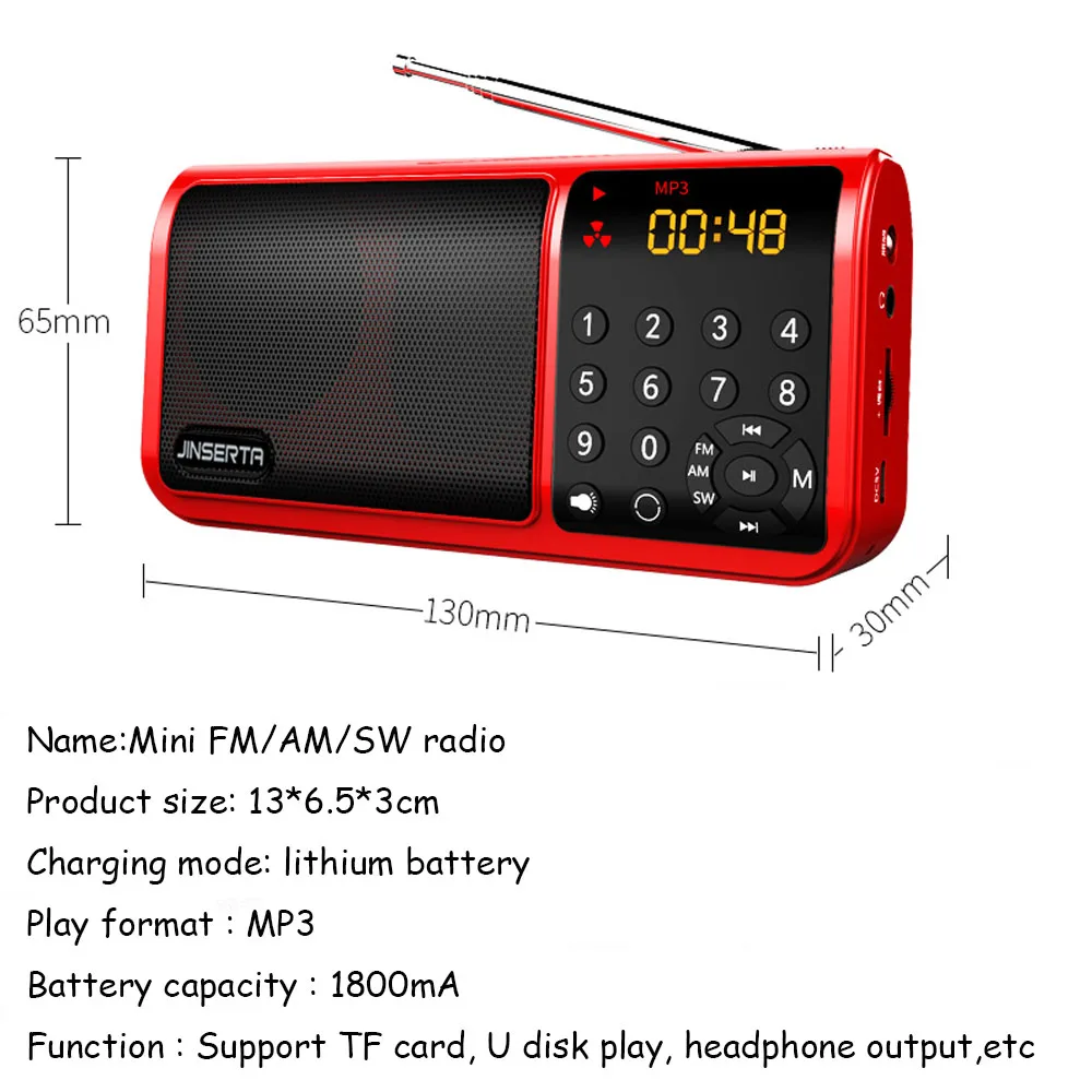 Радиоприемник JINSERTA Mini FM/AM/SW World Band mp3 плеер с фонариком поддержка tf карты/U Disk Play