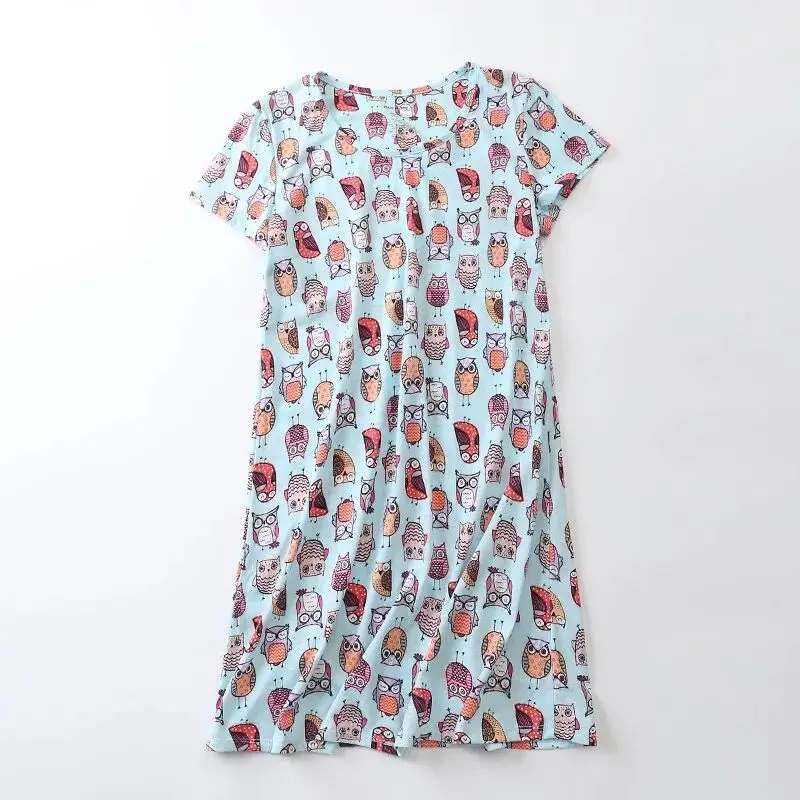 Pale Blue Owl Летние хлопковые пижамы с коротким рукавом и рисунком, Длинные свободные милые женские пижамы больших размеров, Корейская ночная рубашка, пижамы, платье для сна - Цвет: Pale Blue Owl