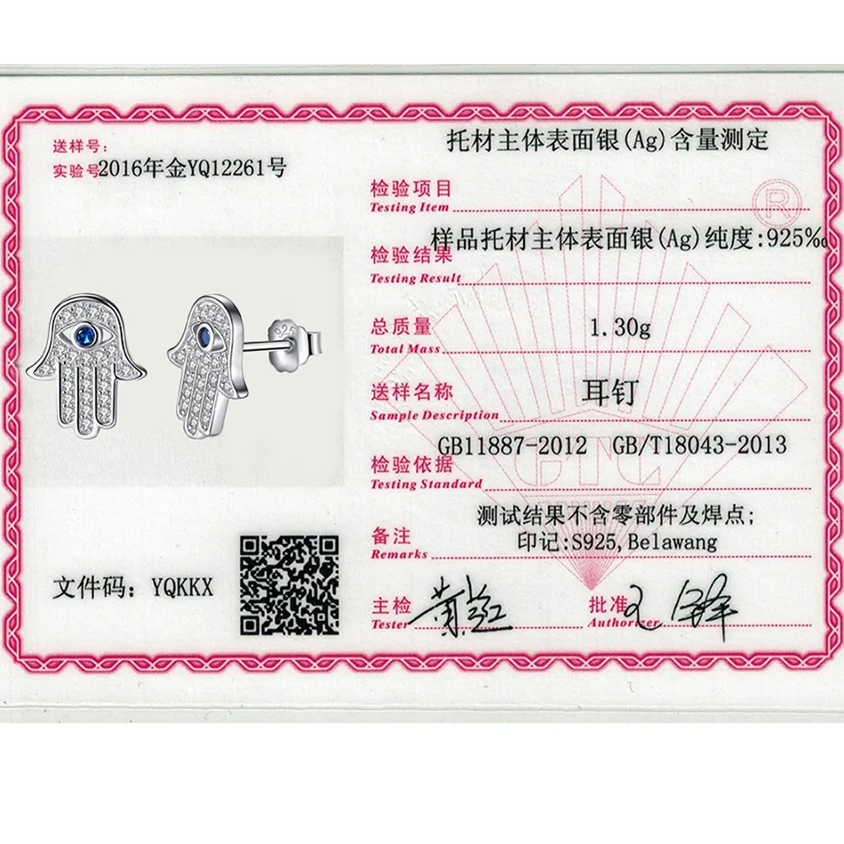 

BELAWANG Fashion 925 Sterling Silver Hamsa Hand Stud Earrings with Blue Crystal Earrings for Women Silver Jewelry Gift