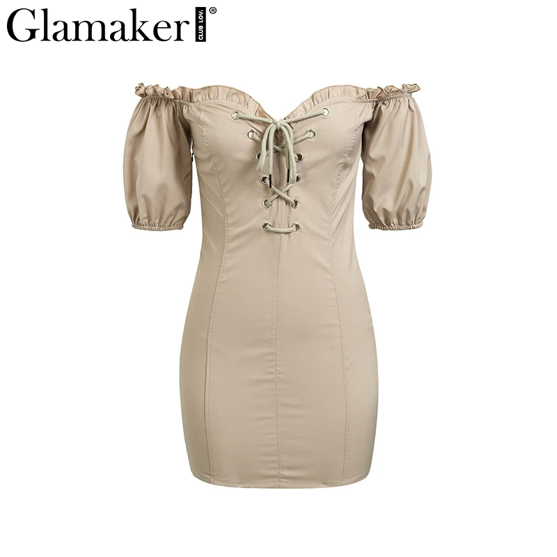 Хаки Glamaker черное платье с открытыми плечами, на шнуровке, с пышными рукавами, женское летнее облегающее платье для вечеринки, Сексуальное Мини Короткое платье для фитнеса, vestidos - Цвет: Хаки
