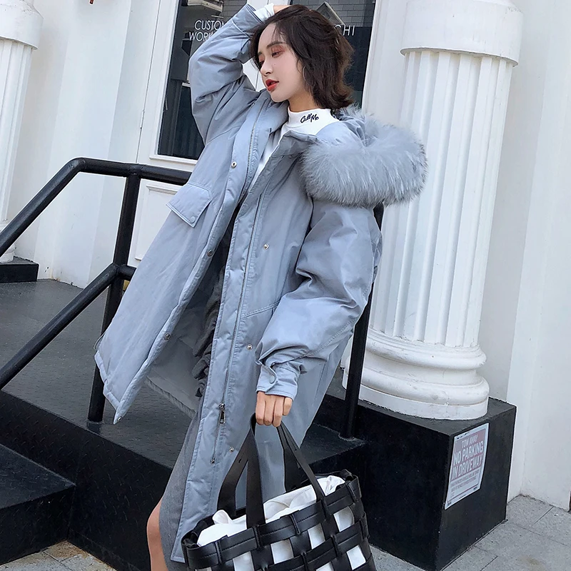 QAZXSW 2018 Winter New Women's Down Jacket Long Paragraph Fashion Big Braid Hair Collar Hooded Outer Thick Warm Loose Coat LE209 | Женская