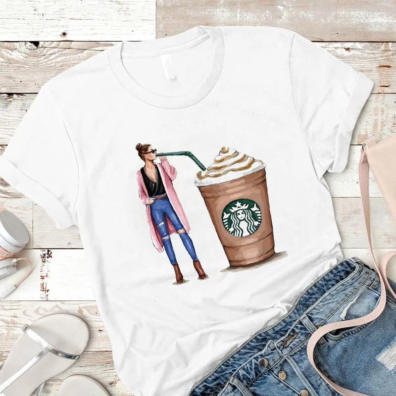 Женская рубашка женская s кофе мороженое цветок Летняя женская Mujer Camisa футболка футболки с принтом Графический Топ Одежда Футболка