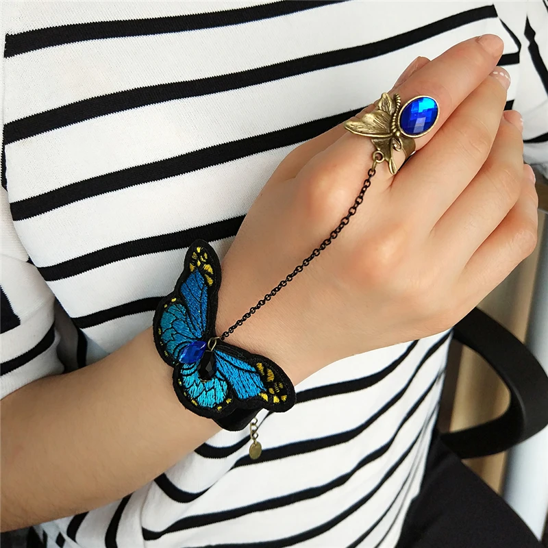 SOHOT Handmade Embroidery Butterfly Bracelets Rings Trendy Jewelry Set Crystal Cotton Antique Chain Party Accessories Women Gift | Украшения