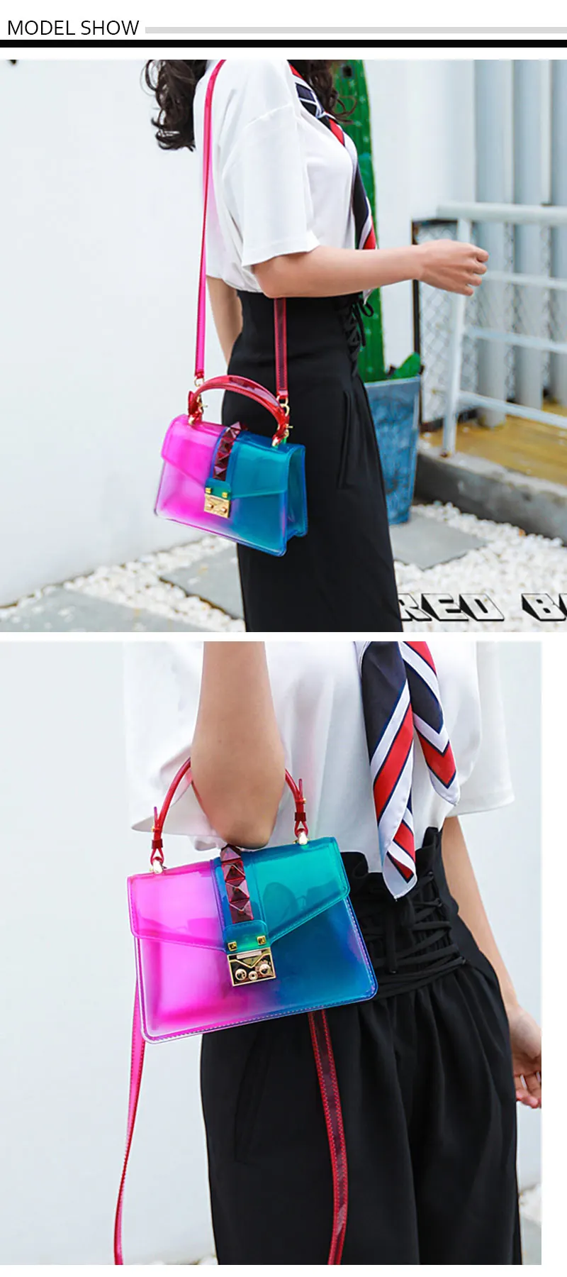 Transparent Satchel Handbag Gradients Color Clear Jelly Transparent PVC Rivets Candy Color Tote Bags Crossbody Messenger Bag