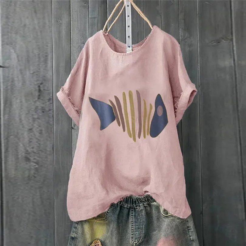 Футболка женская повседневная из хлопка и льна с принтом коротким рукавом