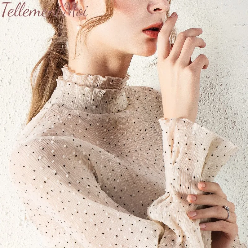 Spring Summer Sexy Sheer Shirt Women Turtleneck Tops Chiffon Ruffled Long Sleeve Slim Ladies Streetwear Tees Sweet Blouse Shirts |