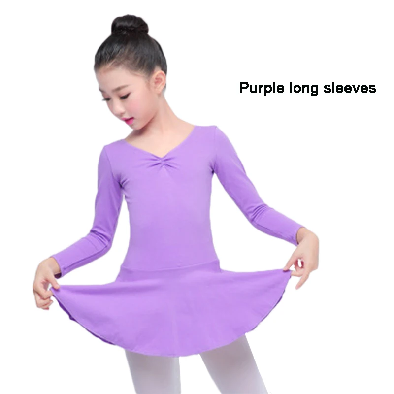 Purple long sleeves Детский танцевальный костюм Весенняя детская юбка балетная Одежда с бантом женский длинный/короткий рукав танцевальный костюм для тренировок - Цвет: Purple long sleeves