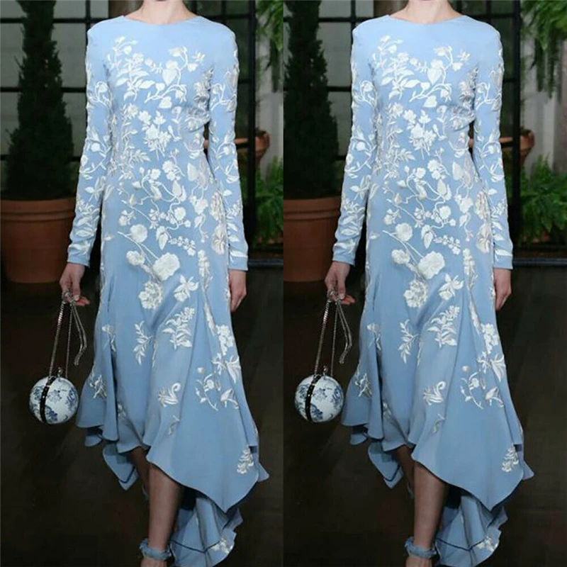 Женское платье с длинным рукавом синее цветочным принтом | Женская одежда