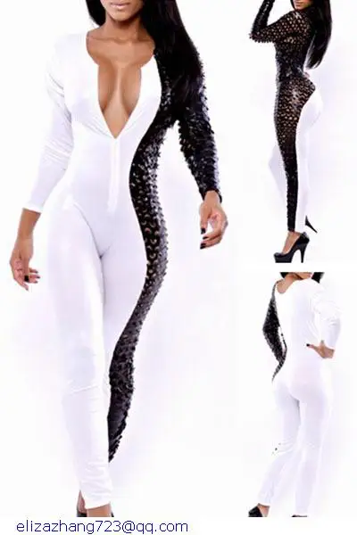 Sexy club wear bodysuit for women Leatherette Fishnet Patchwork Black White Long sleeve bodycon Jumpsuits and rompers LC6885 |