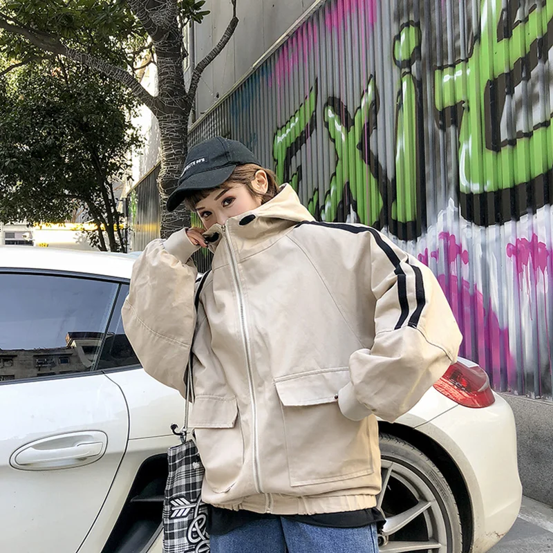 Весенние новые куртки с капюшоном, повседневные женские бомбочки, BF Harajuku, свободная ветровка, Женская куртка с длинным рукавом, осенние куртки
