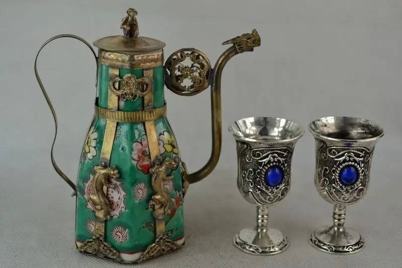 

Decorated Hand Porcelain Miao Silver Carve Leopard Flower Rare 1 Tea Pot Cup 2 copper real Tibetan Silver Brassroom