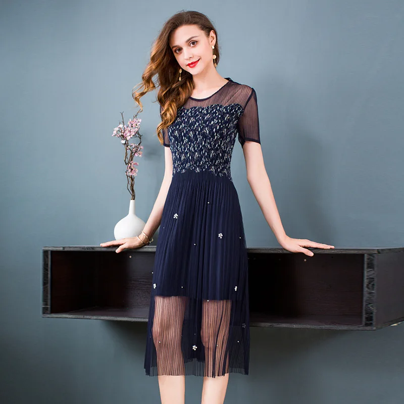 

Women Summer Beads Lace Print Lady Elegant Popular Pleats Dress