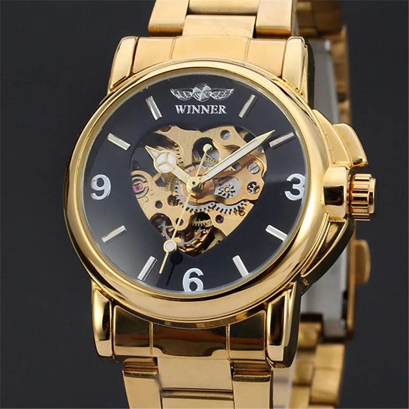 Часы WINNER женские брендовые Роскошные золотые стальные автоматические