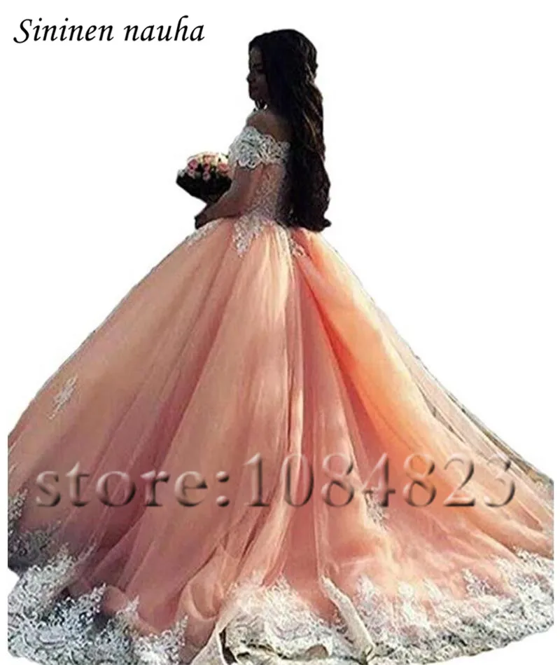 Платье Quinceanera 2019 с открытыми плечами и короткими рукавами Коралловое бальное