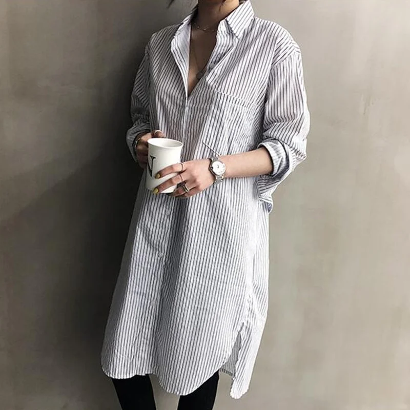 Женская длинная рубашка в полоску Корейская Весенняя с длинным рукавом и