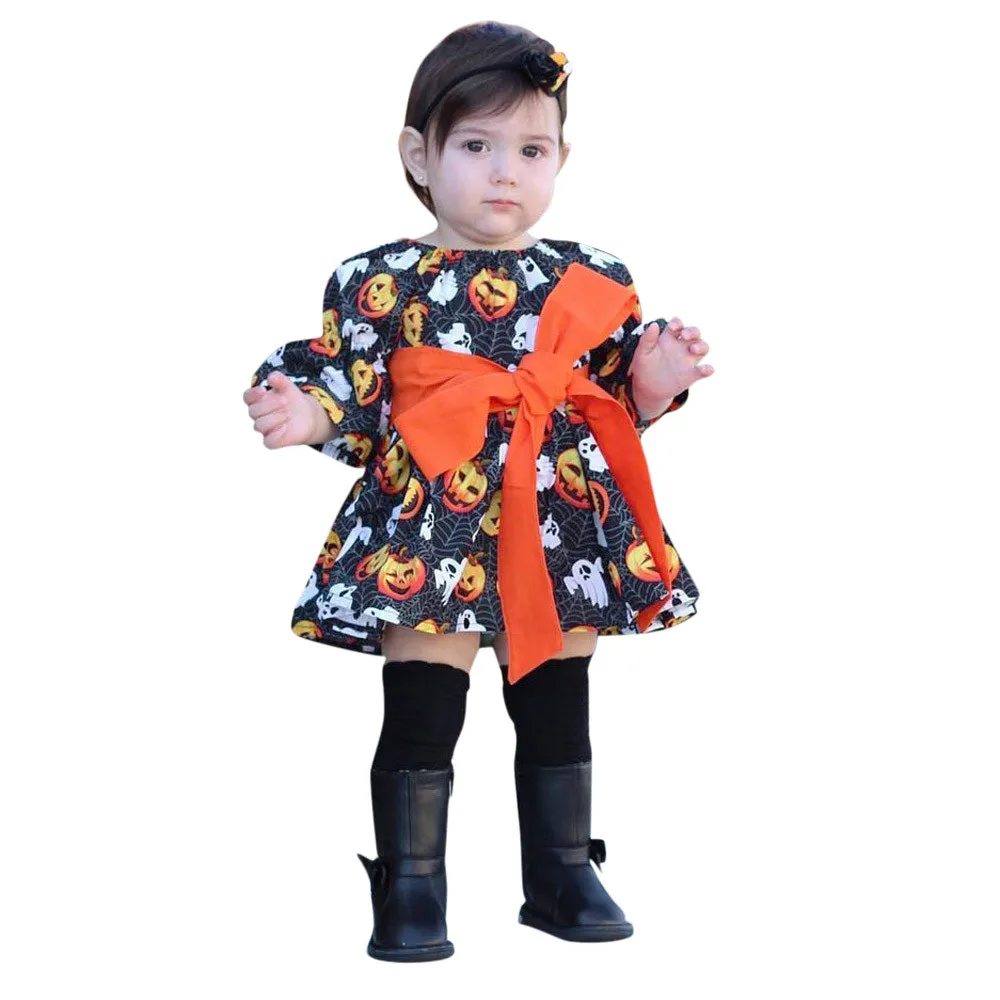 Toddler Infant Baby Girls Dresses Pumpkin Ghost Print Halloween Costume Outfits girls dress vestidos Dropshipping | Детская одежда и